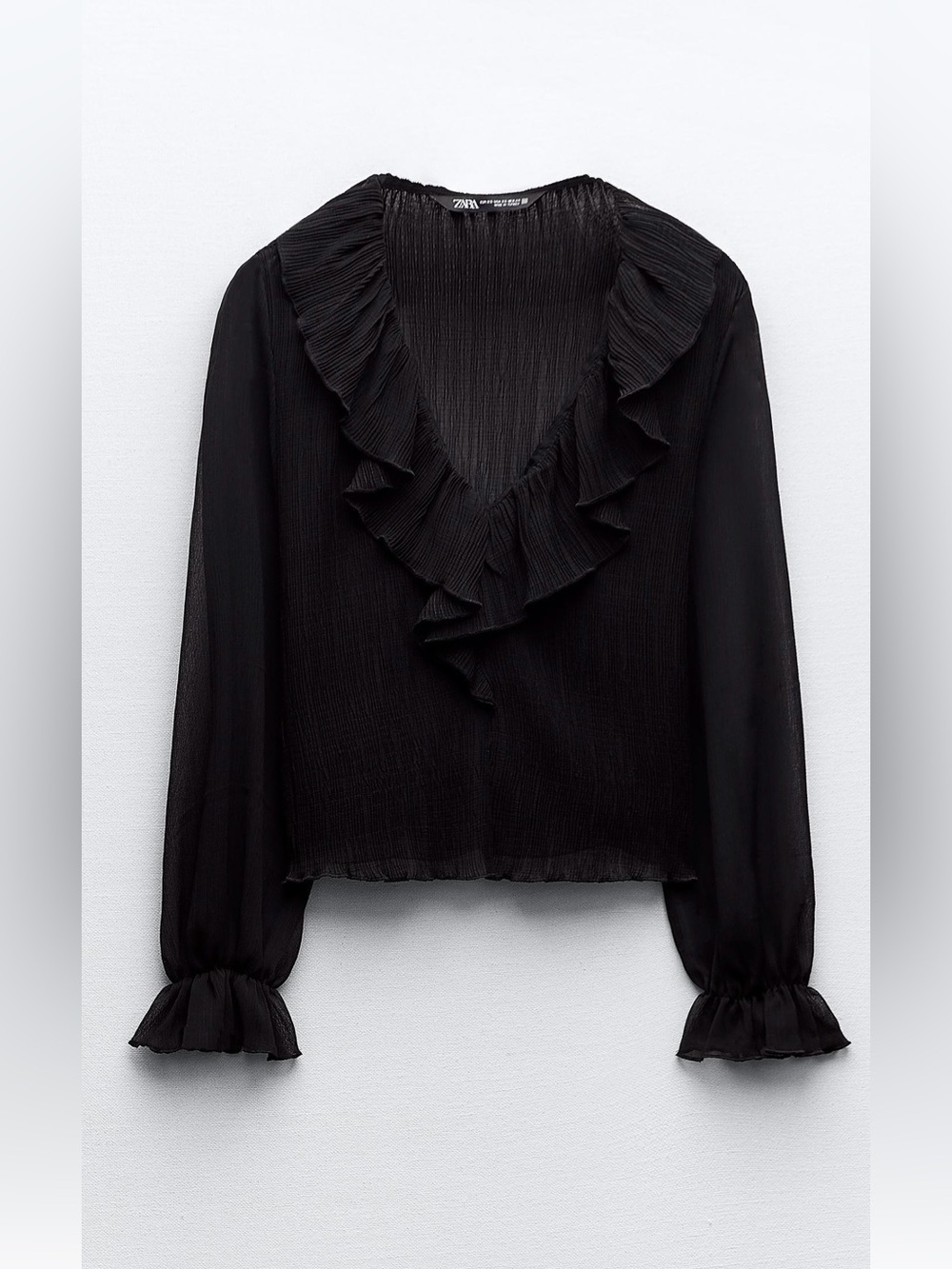 Zara Black Ruffle V-Neck Long Sleeve Blouse